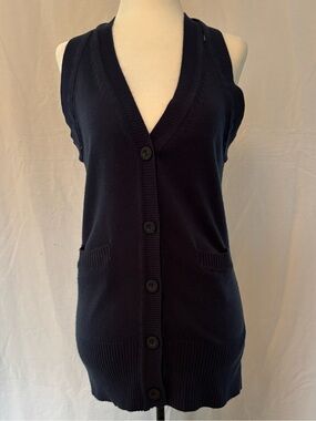 Y2K Dark Academia Navy Longline Sweater Vest Tunic Preppy Geek Chic M